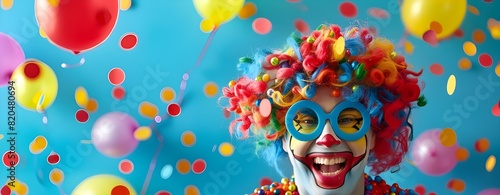 clown with balloons April fool concept. Playful Clown Holding Colorful Balloons for April Fools' Day. Happy Clown with Balloons Celebrating April Fools' Day
