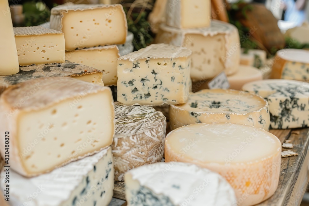 A variety of cheeses spread out on a table, showcasing different types and textures A variety of cheeses spread out on a table, showcasing different types and textures