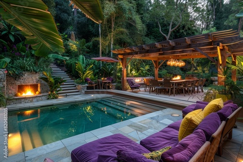 A modern outdoor living area with an unlit pool and purple and yellow couches under the shade of a wooden arbor in front of a dining table surrounded by chairs.