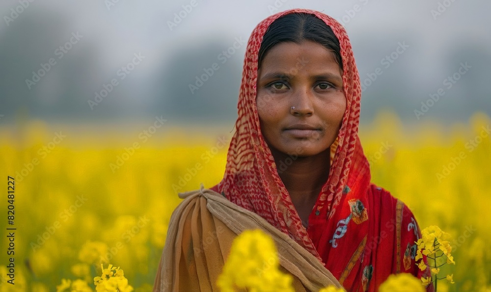 An indian female farmer working in a field of yellow mustard flowers ...