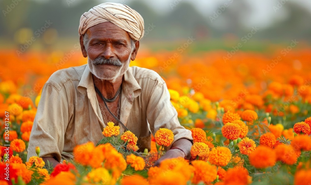 An indian senior male farmer working in a field of orange marigold ...