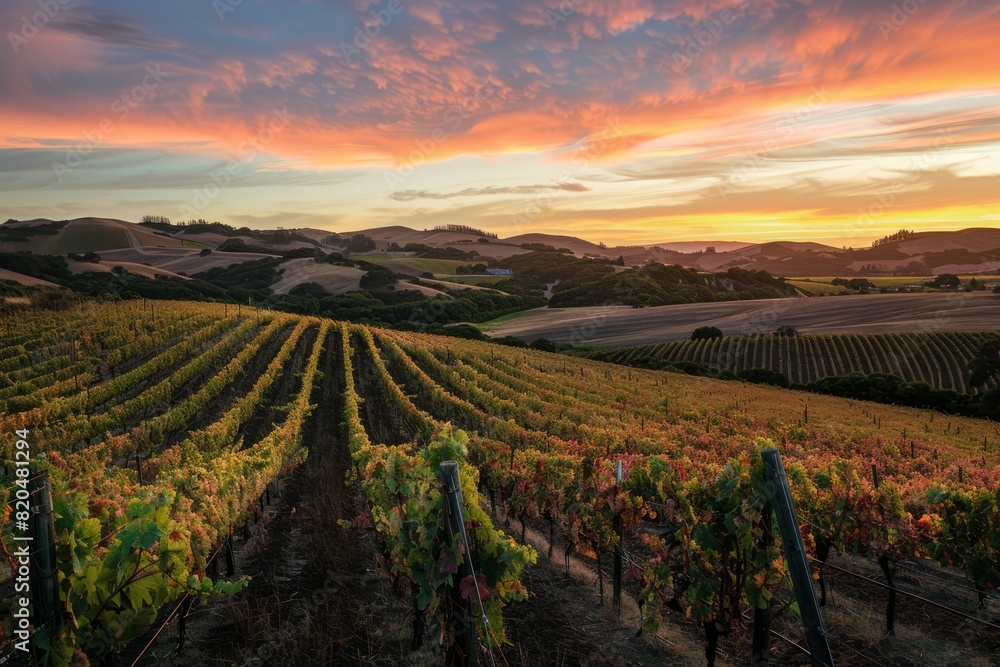 Vineyard Landscape at Sunset, With The Sky Painted in Hues of Orange And Pink, Casting a Warm Glow Over The Rolling Hills And Rows of Grapevines, Generative AI