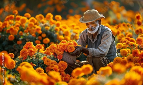 An indian senior male farmer working in a field of orange marigold flowers. Old man marigold flower farmer at her flower field collecting flower.