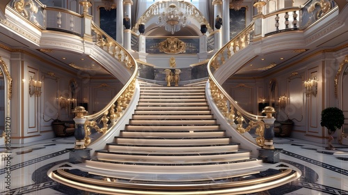 The grand foyer is adorned with a sweeping marble staircase the centerpiece of the room. The balustrades are adorned with elaborate medallions and the treads are lined with intricate .Elegant Marble S