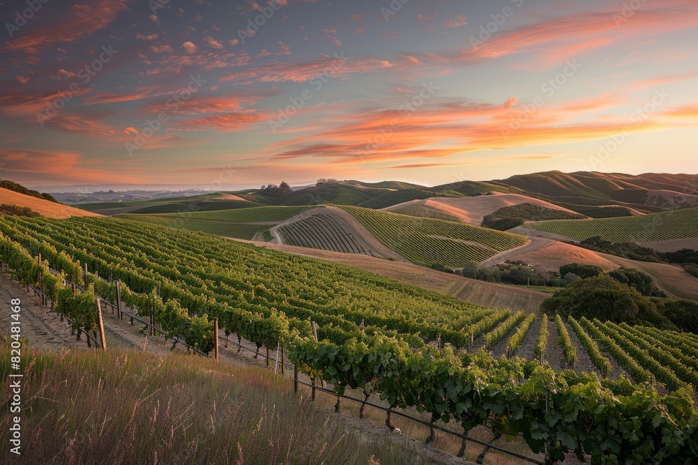 Vineyard Landscape at Sunset, With The Sky Painted in Hues of Orange And Pink, Casting a Warm Glow Over The Rolling Hills And Rows of Grapevines, Generative AI