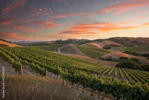 Wallpaper Mural Vineyard Landscape at Sunset, With The Sky Painted in Hues of Orange And Pink, Casting a Warm Glow Over The Rolling Hills And Rows of Grapevines, Generative AI Torontodigital.ca