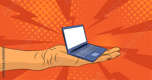 Cartoon, comic book human hands holding Laptop. Retro vector comics pop art design.