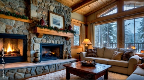 A wooden porch with a fireplace and a view of snow-covered trees.