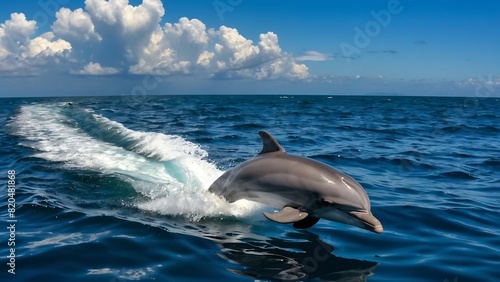 A bottlenose dolphin leaps out of the water against a backdrop of blue ocean and sky.