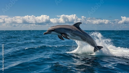 A bottlenose dolphin leaps out of the water against a backdrop of blue ocean and sky.