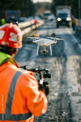 Engineers using drones to capture aerial footage of bridge construction progress, Generative AI