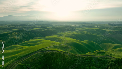 Drone aerial shots of spectacular greenery landscapes and blue sky. Dynamic natural scenery.