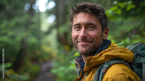 Joyful man in a forest setting enjoying nature with trees and greenery in the background