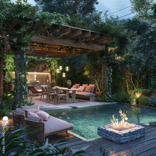 A modern outdoor living area with an unlit pool and purple and yellow couches under the shade of a wooden arbor in front of a dining table surrounded by chairs.