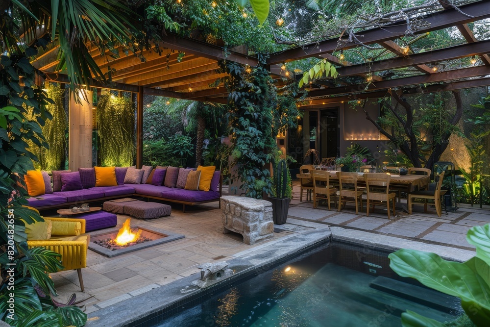 A modern outdoor living area with an unlit pool and purple and yellow couches under the shade of a wooden arbor in front of a dining table surrounded by chairs.