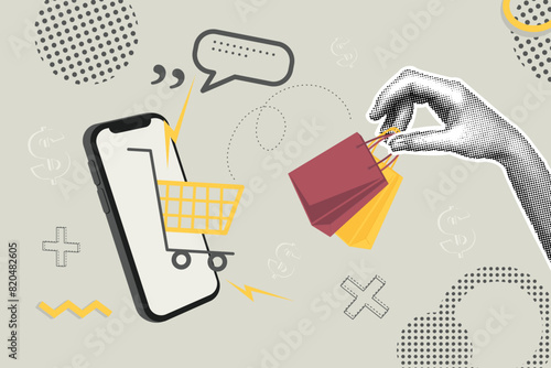 Trendy halftone business concept collage. Retro style vector illustration of sales, sales, sales increase, financial profit, global strategy. Creative concept for web banner, social media banner