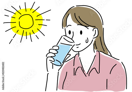 熱中症対策で水を飲む女性シンプル線画