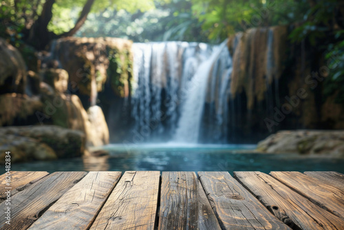 A wooden desk top with blurred background of waterfall. Good for background