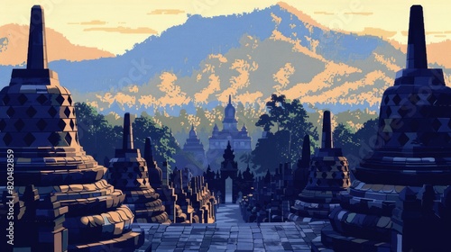 background view of Borobudur temple with 1-bit pixel style, Ai Generated Images. photo