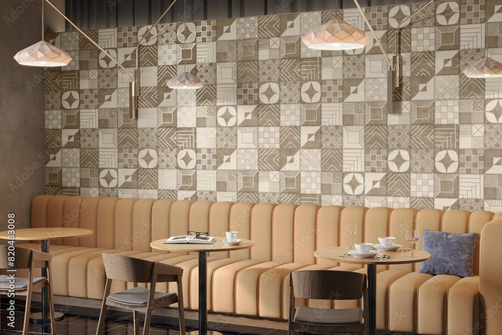 Coffee shop front of classical style commercial. Interior of cafe with pastel grey colored tile. The shop has blank sign, table and chairs, coffee street cart. 3D render for creative social media. 3D Coffee shop front of classical style commercial. Interior of cafe with pastel grey colored tile. The shop has blank sign, table and chairs, coffee street cart. 3D render for creative social media. 3D