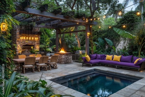 A modern outdoor living area with an unlit pool and purple and yellow couches under the shade of a wooden arbor in front of a dining table surrounded by chairs. © adri
