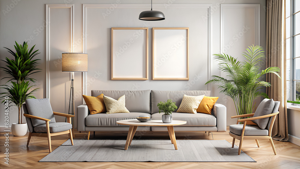 Fototapeta premium Living room wall poster mockup. Interior mockup with Modern house background