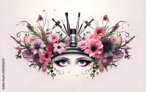 makeup cosmetic banner with eye black eyeliner and eyebrow brush on flower isolated on white background