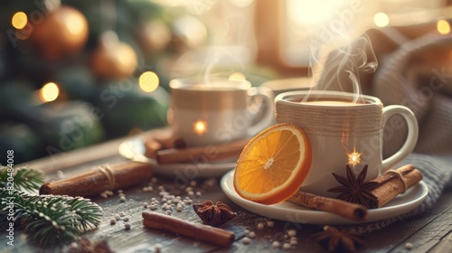 Festive spice mug with mulled wine or hot cocoa, cinnamon and orange decor on bright kitchen table photo