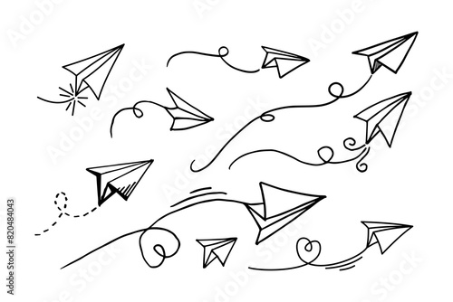 Set of doodle paper plane icon. Hand draw paper airplane. Vector Illustration.