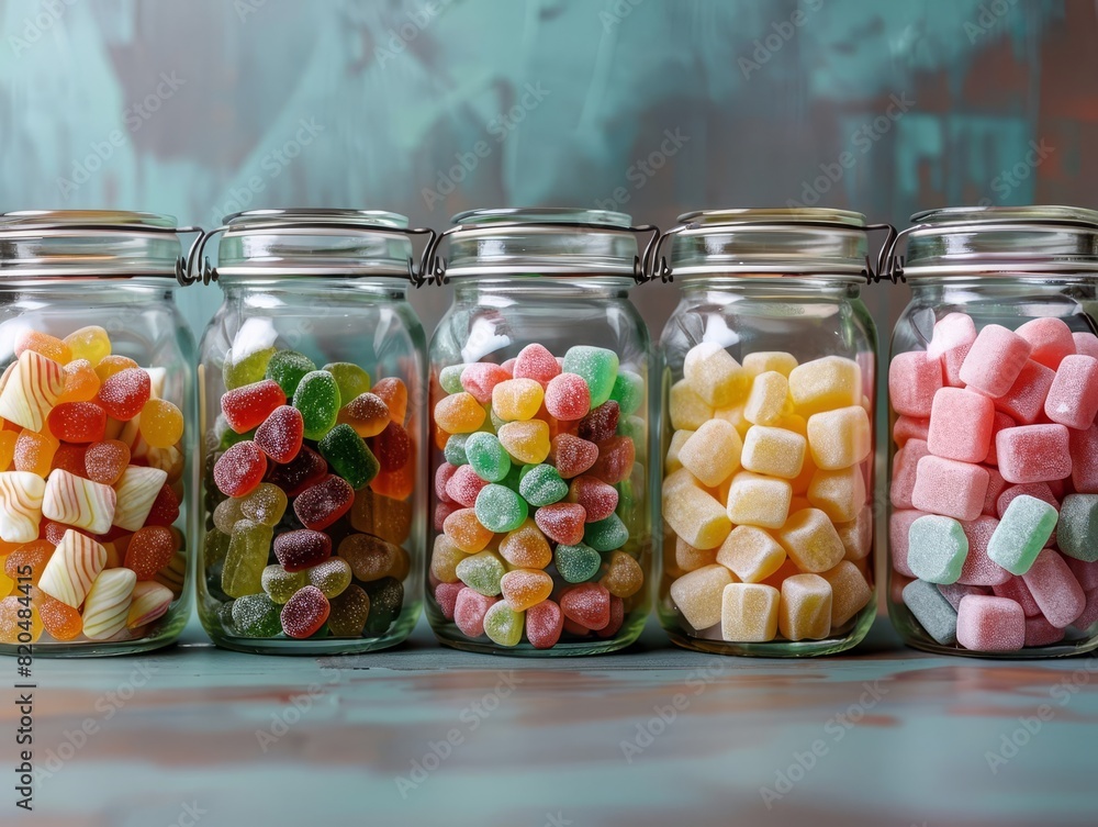 Assorted hard candies in a classic sweet shop, glass jars, pastel tones, watercolor style, ample copy space Assorted hard candies in a classic sweet shop, glass jars, pastel tones, watercolor style, ample copy space