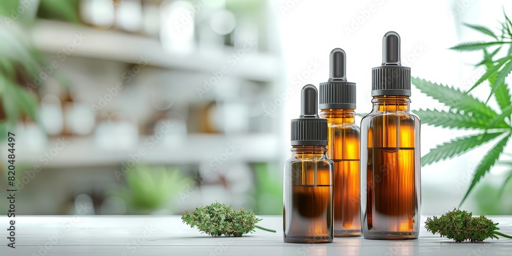Cannabis oils in a modern cannabis shop, sleek bottles, vibrant hues, realistic style, ample copy space Cannabis oils in a modern cannabis shop, sleek bottles, vibrant hues, realistic style, ample copy space