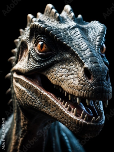 dinosaur closeup face portrait on black background from Generative AI © Arceli