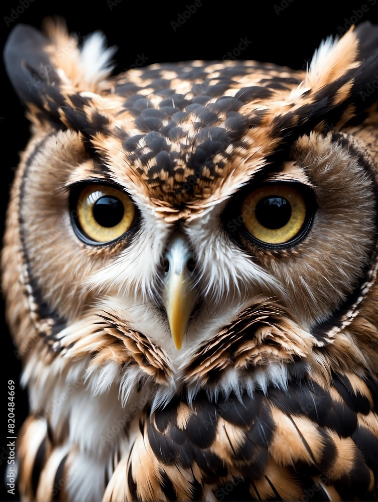 owl closeup face portrait on black background from Generative AI owl closeup face portrait on black background from Generative AI