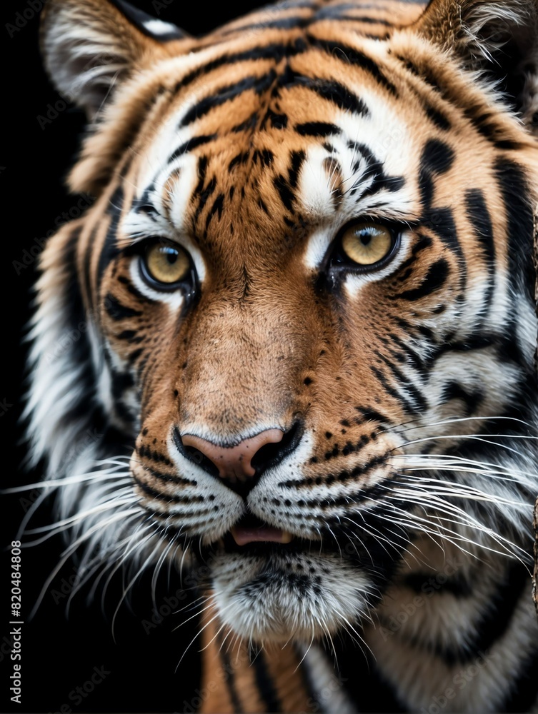 Naklejka premium tiger closeup face portrait on black background from Generative AI
