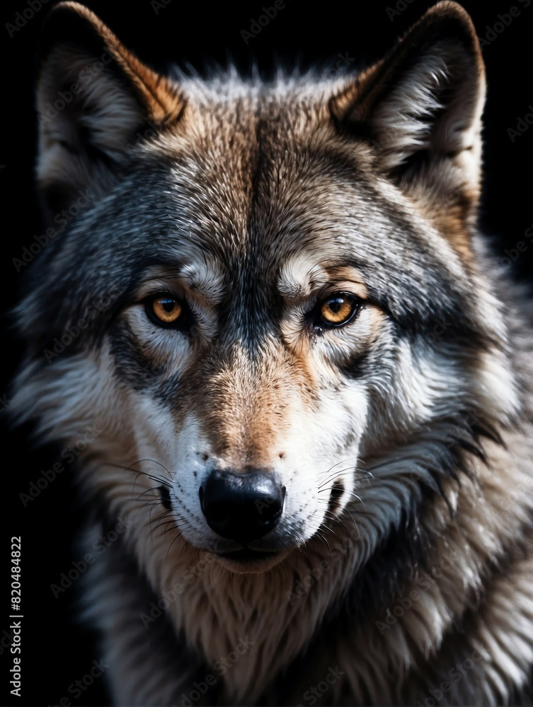 wolf closeup face portrait on black background from Generative AI wolf closeup face portrait on black background from Generative AI