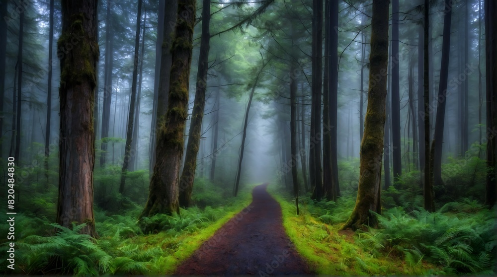 A photo of Misty Forest Path through a dark and misty forest.