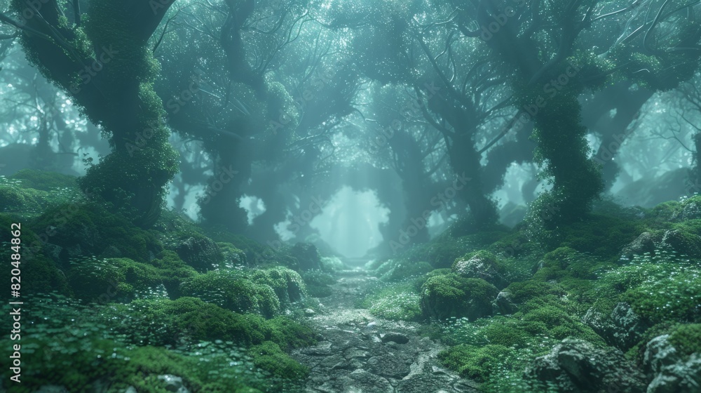 Fototapeta premium Background Fantasy green colored mossy forest fairy