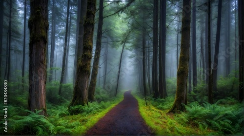 A photo of Misty Forest Path through a dark and misty forest.