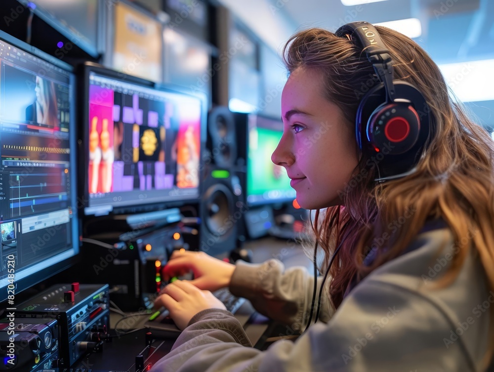 A student editing a music video in a digital media lab A student editing a music video in a digital media lab