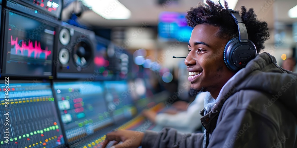 A student editing audio for a podcast in a recording studio A student editing audio for a podcast in a recording studio