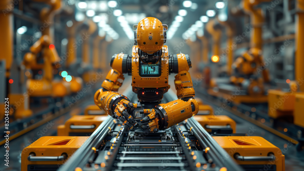 Fototapeta premium Control unit directs robotic arms in a logistics setting, orchestrating product placement on conveyor belts.generative ai