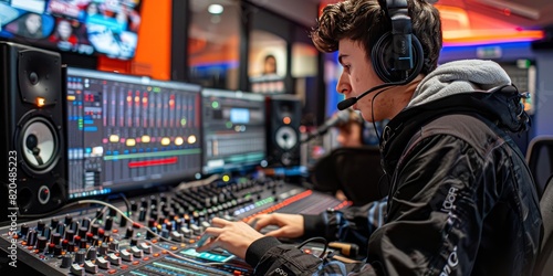 A student editing audio for a podcast in a recording studio