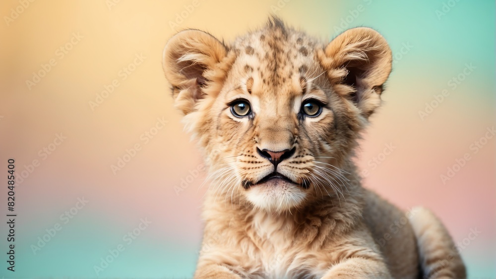 Fototapeta premium cute baby lion on bright pastel color background from Generative AI