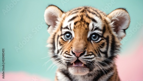 cute baby tiger on bright pastel color background from Generative AI