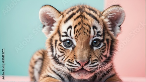 cute baby tiger on bright pastel color background from Generative AI