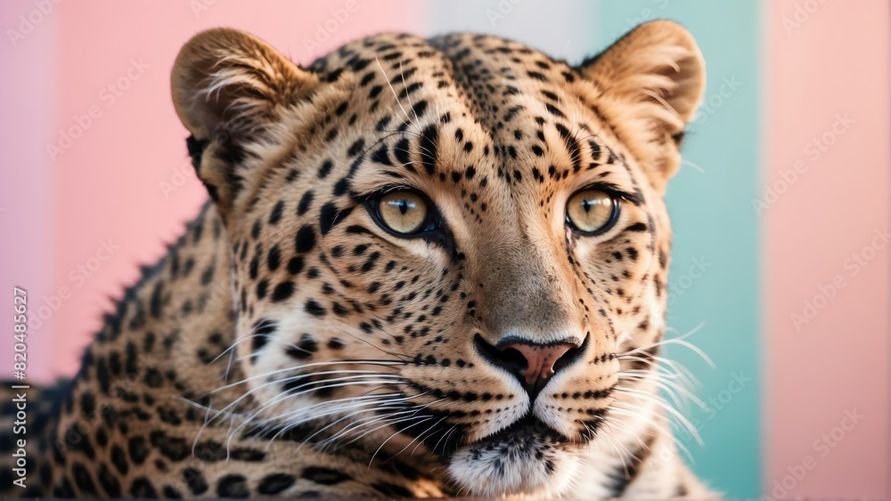 Fototapeta premium leopard on bright pastel color background from Generative AI
