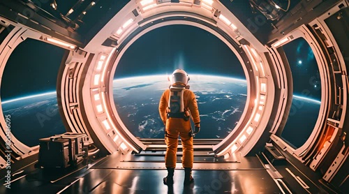 Captivated astronaut beholding the colossal illuminator in the enigmatic interior of an unidentified spaceship amidst a serene galaxy photo