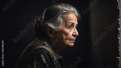 elderly hispanic woman peeking on a wall on plain black background from Generative AI