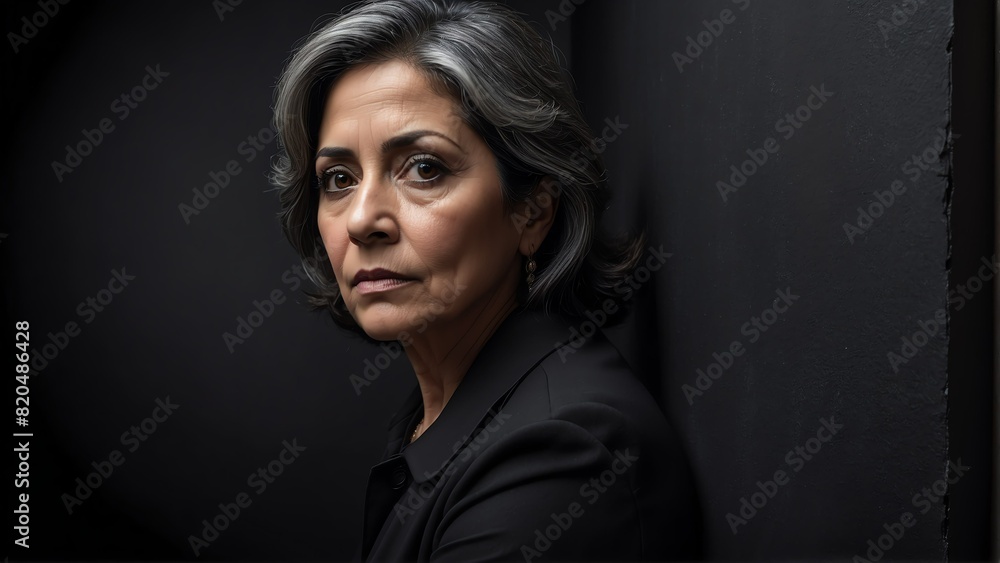 middleaged hispanic woman peeking on a wall on plain black background from Generative AI middleaged hispanic woman peeking on a wall on plain black background from Generative AI