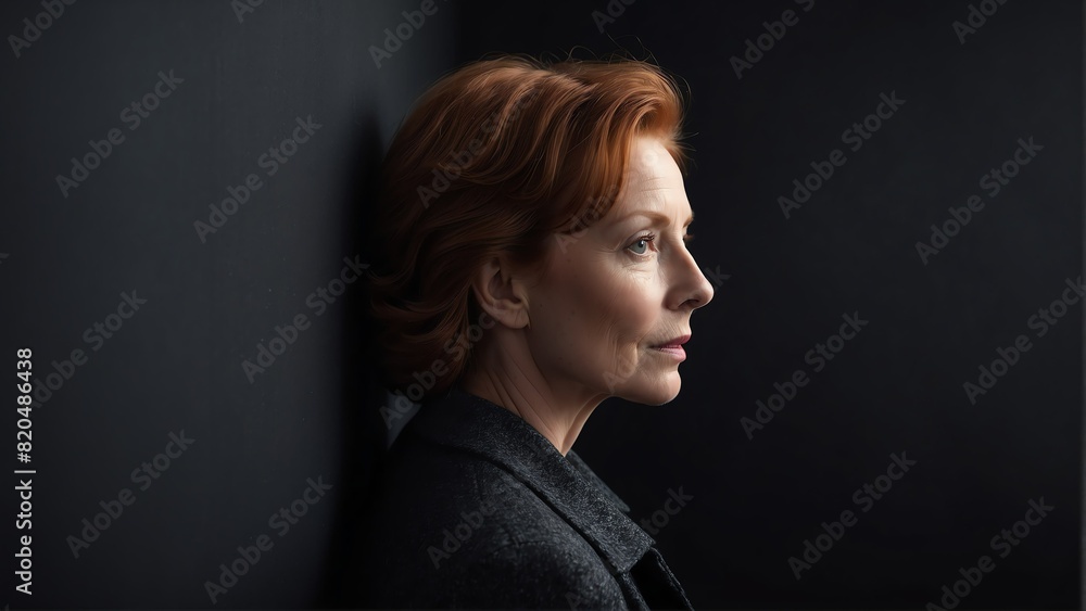 middleaged redhead woman peeking on a wall on plain black background from Generative AI middleaged redhead woman peeking on a wall on plain black background from Generative AI